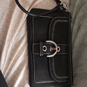Black Women's Leather Crossbody Clutch with Contrast Stitching COACH wristlet.